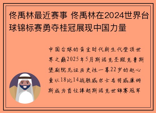 佟禹林最近赛事 佟禹林在2024世界台球锦标赛勇夺桂冠展现中国力量