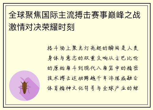 全球聚焦国际主流搏击赛事巅峰之战激情对决荣耀时刻